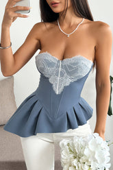 Lace Patchwork Strapless Ruffled Irregular Corset - Blue