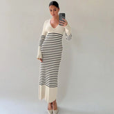 Elegant Striped Knit Maxi Dress Women Autumn Flare Long Sleeve Sexy V-Neck Bodycon Party Dresses Club Outfits Lady Casual Dress