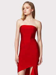 Women Celebrity Party Cocktail Red Strapless Tight Midi Irregular Dress Sleeveless Sexy Backless Bodycon Club Vesidos
