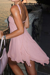 Halter Neck 3D Flower Ruffled Solid Color Mini Dresses - Pink