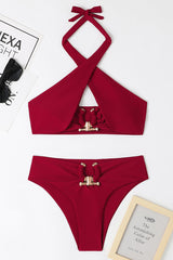 Crossover Cut Out Halter Neck Metal Decor High Waist Bikini Two - Piece Set Swimsuit