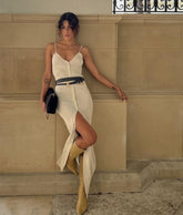 Europe and the United States style single-breasted V-neck sexy halter front slit Slim dresses