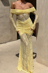 Jacquard Lace Patchwork Off Shoulder Long Sleeve Ruched Maxi Dresses - Yellow