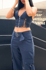 Lace Up Zip Halter Backless Crop Top Pocket Straight Leg Pants 2 Pcs Matching Set - Grey