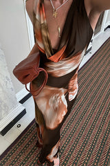 Abstract Print Cowl Neckline Sleeveless Slim Fit Colorblock Maxi Dresses - Brown