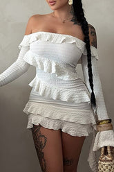 Ruffled Off Shoulder Flare Sleeve Bodycon Streamer Mini Dresses - White