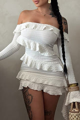 Ruffled Off Shoulder Flare Sleeve Bodycon Streamer Mini Dresses - White