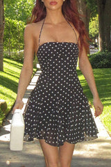 Polka Dot Print Cinch Waist Halter Mini Dresses - Black Pre Order