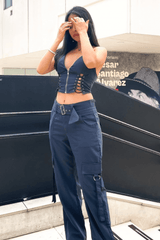 Lace Up Zip Halter Backless Crop Top Pocket Straight Leg Pants 2 Pcs Matching Set - Grey