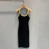 Women Sexy Backless Bodycon Sweater Dress Spring Vintage Gold Sequined Sleeveless Suspender Long Knitted Dress