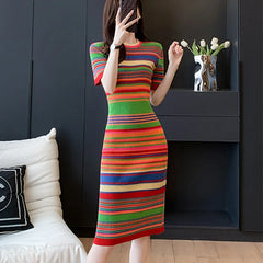 Vintage Striped Knee-Length Slim Knitted Dress Women Korean O-neck Bodycon Sweater Dresses Elegant Vestidos Mujer P704