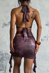 Pattern Print Deep V Neck Cutout Ruffled Sash Fitted Halter Mini Dresses - Purple