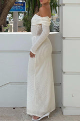 Off Shoulder Boat Neck Long Sleeve Bodycon Textured Maxi Dresses - OffWhite