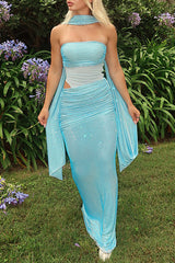 Hot Drilling Strapless Mesh Patchwork Ruched Slim Fit Maxi Dresses - Blue