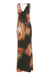Abstract Print Cowl Neckline Sleeveless Slim Fit Colorblock Maxi Dresses - Brown