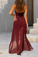 Belted Mesh Overlay Strapless Playsuit Romper 2pcs Set - Burgundy Pre Order