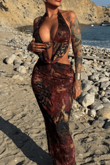 Mixed Print Cutout Slim Fit Halter Maxi Skirt 2 Pcs Sets - Brown - Brown