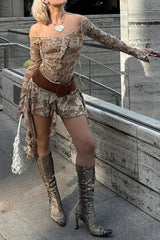 Off Shoulder Long Sleeve Ruffled Ripped Mini Dresses - Khaki