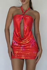 Dyeing Print Halter Neck Cutout Ruched Bodycon Mini Dresses - Blue