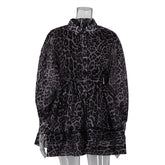Early spring chiffon leopard print long sleeved dress with a lapel and puffy skirt