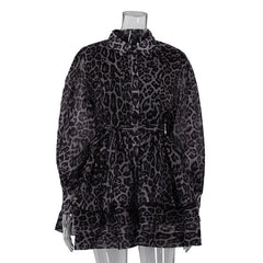 Early spring chiffon leopard print long sleeved dress with a lapel and puffy skirt