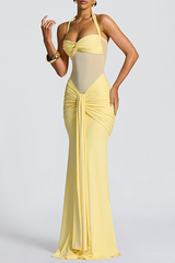 Halter Neck Mesh Patchwork Ruched Streamer Slim Fit Maxi Dresses - Yellow