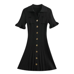 girl pink sweet shirt collar with black fungus edge sleeves waist cinched umbrella skirt fish tail knitted slimming dress