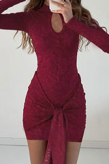 Stand Collar Long Sleeve Cutout Ruched Streamer Lace Mini Dresses - Burgundy