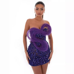 backless one shoulder design strapless mesh sequin tight purple mini dress
