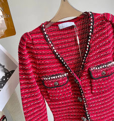 Arrive Red Color Knitted Women Mini Dress V Neck Long Sleeve Slim Lady Short Dress