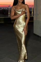 Cowl Neckline Metallic Finish Slim Fit Backless Strappy Maxi Dresses - Gold