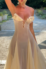 Petal Decor Ruffled Hem See Through Slip Midi Dresses - Beige Pre Order