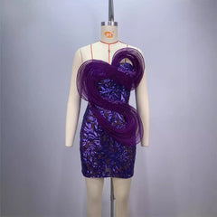 backless one shoulder design strapless mesh sequin tight purple mini dress