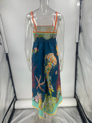 holiday swing graffiti cotton and linen sleeveless suspender dress