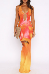 Plunge Neck Cutout Floral Print Fitted Halter Maxi Dresses - Orange