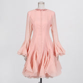 Round neck splicing ruffled mid-length skirt trumpet sleeve mid-length dress