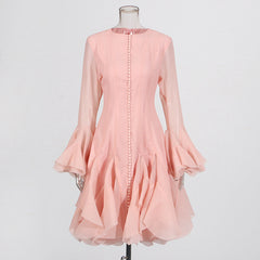 Round neck splicing ruffled mid-length skirt trumpet sleeve mid-length dress