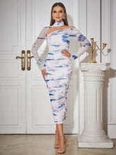 Open back hanging neck sexy long sleeved printed pleated long buttocks wrapped party evening dress