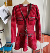 Arrive Red Color Knitted Women Mini Dress V Neck Long Sleeve Slim Lady Short Dress