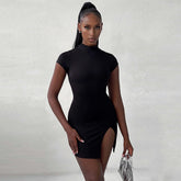 backless lace up high neck sexy split hip dress