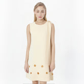 French style small fragrance A-line skirt floral heavy industry nail bead round neck ribbon dress sleeveless