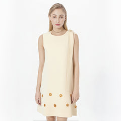 French style small fragrance A-line skirt floral heavy industry nail bead round neck ribbon dress sleeveless