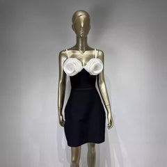 sexy white suspender flower A-line black party dress