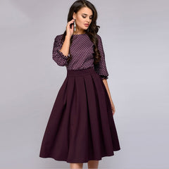 Autumn Vintage Lantern Sleeve Printing Dress Women's Elegant Casual O-Neck Half Sleeves A-Line Dress Mid-Calf Party Dresses
