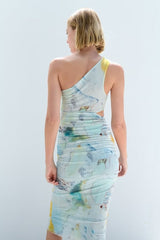 Print Tulle Dress Female Beach Resort Style Asymmetrical Collar Waist Hollow Out Design Perspective Dress