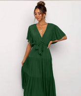 Solid Color Short-Sleeved Long Skirt Dress Dress V-Neck Lace-Up Dress