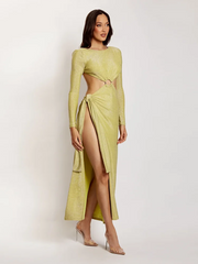Sexy Backless Dress Chic Waist Hollow Out Design High Slit Long Gold Dress Cocktail Party Wear