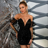 Sequin Backless Dress Deep V Neck Wrap Breast Sexy Dress Skirt