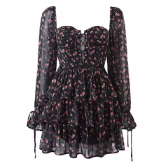 Retro floral printed chiffon puff long sleeves