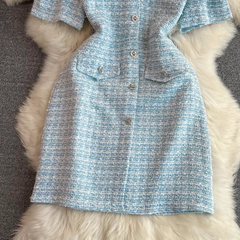 Schickes A-Linien-Kleid aus Tweed mit Rundhalsausschnitt, einreihiger Metallknopf-Taille, schlankmachender